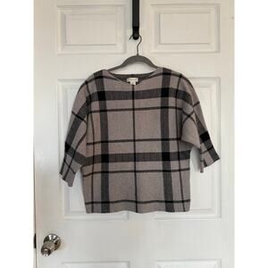Adrienne Vittadini Grey & Black Plaid Windowpane 3/4 Sleeve Sweater Large
